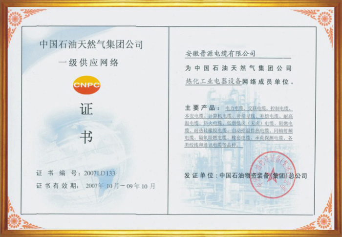 中国天然气集团公司一级供应网络证书